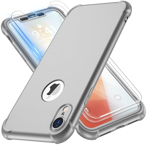 ORETECH für iPhone XR Hülle Silikon 6,1 Zoll [Vorne und Hinten Hülle][2X Displayschutzfolie][Militärschutz] 360 Grad Stoßfest Kratzfest Handyhülle für iPhone XR,Silber