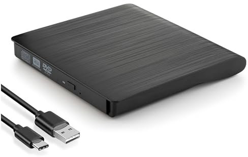 KamKorda External CD DVD Drive, USB 3.0 & USB-C, Slim, Portable, Black, Compatible with Mac, Windows, PC, Laptop, Desktop