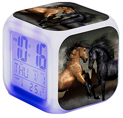 Nicole Knupfer Wecker Pferde Tier Alarm Kinder Beleuchteter LED Night Glowing Wecker mit Licht Aufwachen Geburtstagsgeschenke für Erwachsene (A)