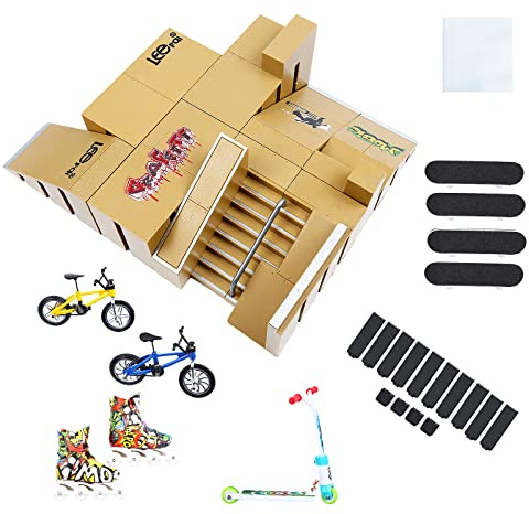 IOUGDSEC Skate Park-kit, rampdelar för finger, skateboard, park, kit, del träningsrekvisita med 4 fingerdäck, 2 fingercykel, 1 par skridskor och 1 skotrar