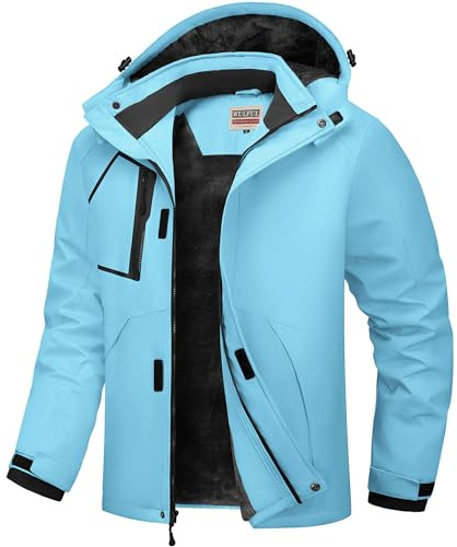 WULFUL Herren wasserdichte Skijacke Warme Wintermäntel Winddichte Winterjacken für Männer Fleece Gefüttert Windbreaker mit Kapuze, Seeblau, XXL