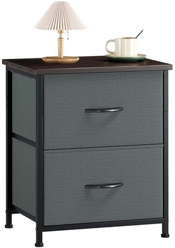 Somdot Nachttisch Schlafzimmer, 2 Stoffschubladen, 2er Set, Kohlegrau | Nachtkästchen, Nachtschrank, Stoffschubladen, Metallrahmen, konstruierte Holzoberplatte, Wohnzimmer, 30T x 42B x 50H
