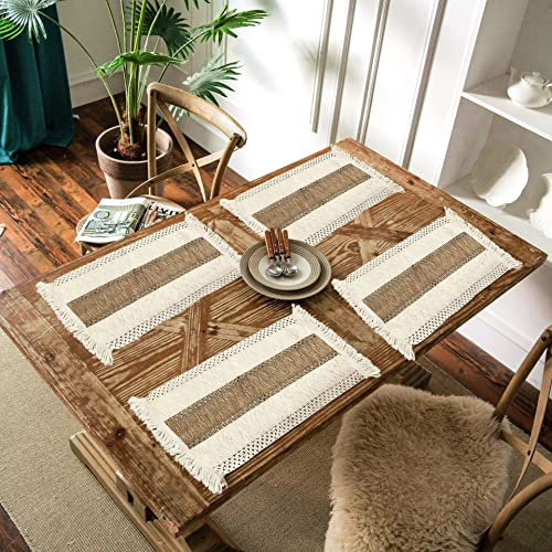 CcHhyyt Lot de 4 sets de table rectangulaires en macramé fait à la main En toile de jute Avec pompons - Décoration de table rétro, franges en coton - Pour café, cuisine, salle à manger, style bohème