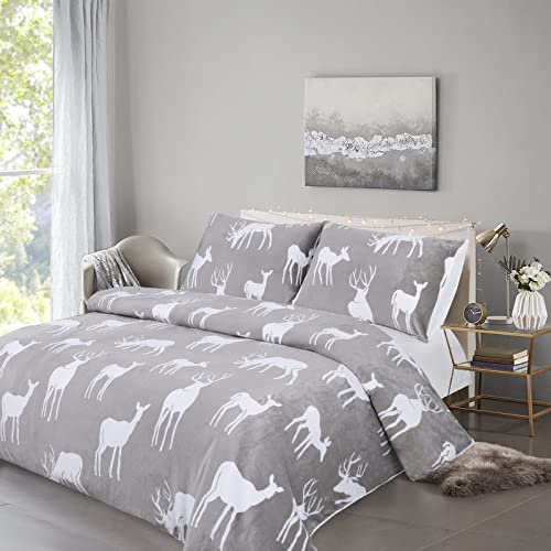 YINFUNG 3PCS Fleece Duvet Cover King Size Christmas Bedding Flannel Fluffy Duvet Cover Sets Stag Elk Reindeer king Xmas Bedding with 2 Pillow Cases Thermal Warm Cosy Super Soft 230x220 Grey
