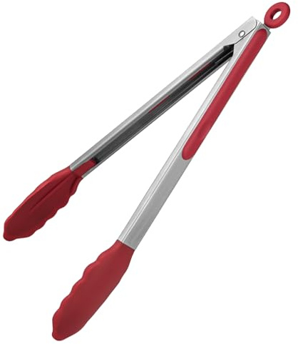 U-Taste 30 cm Pinza da cucina in silicone resistente al calore 315℃ con punte in gomma antiaderente ben sigillate e manico in acciaio rivestito in silicone e bloccaggio liscio (Rosso)