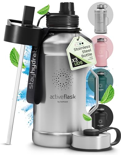 Trinkflasche Edelstahl ACTIVE FLASK + Strohhalm (3 Deckel) | Große 1,3 / 2,2 Liter Sportflasche BPA-frei Auslaufsicher Kohlensäure geeignet, 2l XL Wasserflasche Sport Outdoor Fitness Wasser Flasche