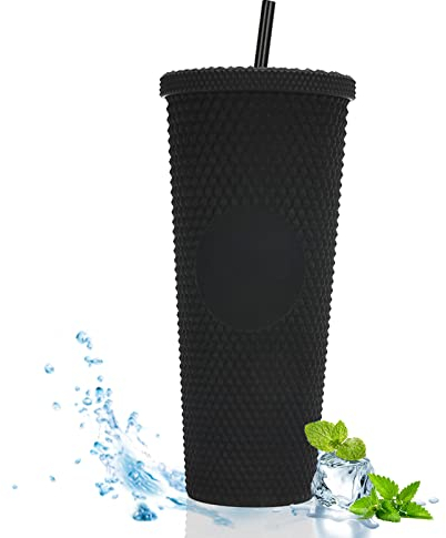XQZMD Bicchiere con borchie con coperchio e cannuccia, in plastica a doppia parete, per ghiaccio, caffè, bevande, acqua, frullati o frullati, tazza da caffè ghiacciata