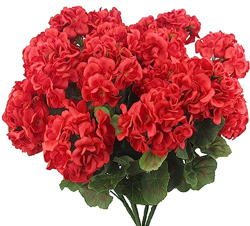 CISDUEO 4 flores artificiales de geranio para exteriores, geranios de seda, resistentes a los rayos UV, arbusto de geranio falso rojo, geranios falsos para decoración de macetas al aire libre
