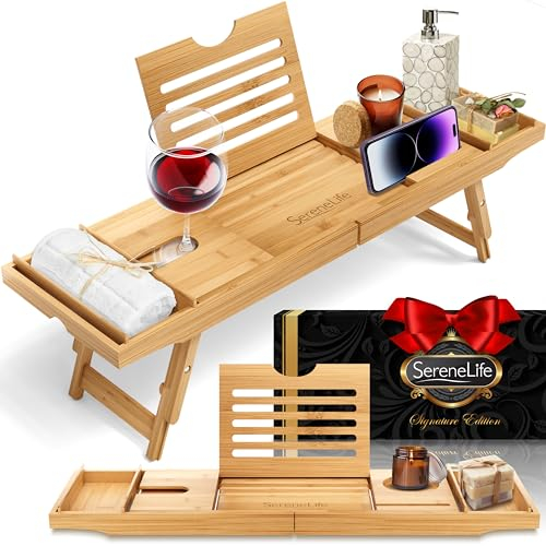 SereneLife Vassoio da Bagno e Vassoio per Colazione Combo con Scatola Regalo - Vassoio da Bagno Impermeabile in Legno di Bambù e Vassoio da Letto con Braccia Pieghevoli Scorrevoli