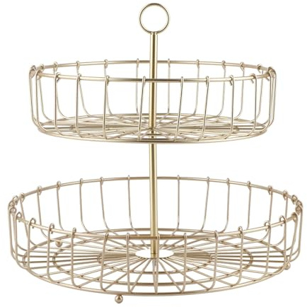 2 Tier Fruit Basket, Iron Round Golden Nordic Tiered Fruit Holder for Countertop Snack Fruit Organizer Bowl for Home Office Desktop Wedding Party
