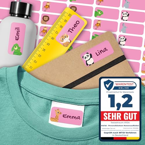 Namensaufkleber für Kinder (54 Stk. 30x13 mm) - Wasserfeste Namensschilder für Kleidung, Textilien und Gegenstände - Optimal für Kita, Kindergarten und Schule - Schöne Motive personalisierbar