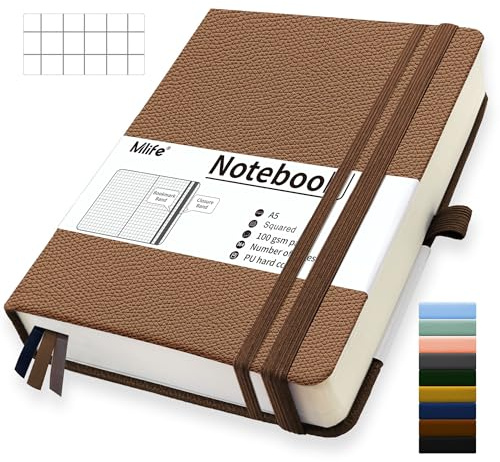 Mlife A5 Kariert Journal Notizbuch,360 Seiten Und 100g/M² Tintenfestes Papier,Hardcover Collegeblock Notizblock,Notizbücher Mit Falttasche Für Büro Schule Zuhause Schreiben&Notizen(Braun)