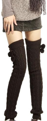 Yurosiay Damen Lang Strick Beinstulpen Mit Pompom Extra Lang Verdicken Warm Beinwärmer Winter Beinstulpen Overknee Elastisch Legwarmer Gestrickte Stulpen für Frauen und Mädchen 65cm Kaffee