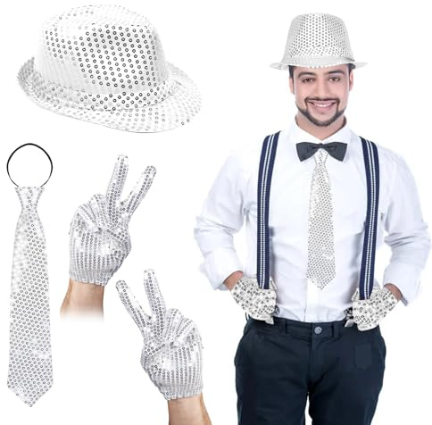 Chapeau à Paillettes, Cravate Pailleté Argenté et Gants Paillettes Homme, Unisexe Adulte Accessoires Disco Paillette Set, Costume à Paillettes pour Carnaval, Soirée à Thème, Fournitures de Fête
