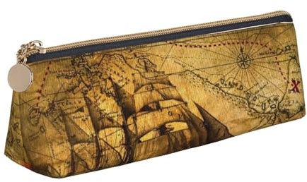 avlyn Rustikales Federmäppchen aus altem Scheunenholz, dreieckig, aus Leder, Stifteetui, Make-up-Tasche für Damen, Herren, Schule, Büro und Reisen, Segelpiraten-Thema, Einheitsgröße, Schulranzen