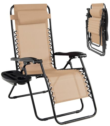 COSTWAY 1/2PCS Folding Zero Gravity Chair, Patio Sun Lounger with Removable Pillow, Side Tray & Adjustable Backrest, Portable Outdoor Recliner Garden Seat for Deck Poolside Camping (1, Beige)