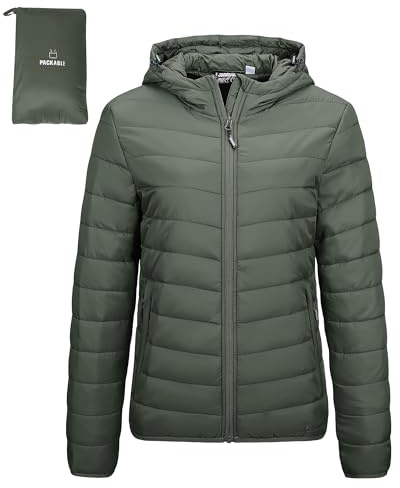 Outdoor Ventures Women's Winter Lightweight Puffer Jacket with Hood, Warm, Short, Packable, Quilted, Transitional, Padded Jacket for Ladies, Lined for Hiking, Travel Army Green M