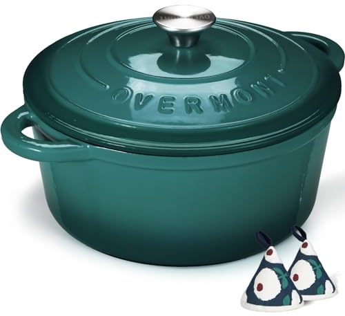 Overmont Casseruola in Ghisa Smaltata - Antiaderente Forno Olandese con Coperchio - Ø28 CM Rotonda Cocotte per Adatto a Piani di Cottura e Forni a Induzione - Lago-blu