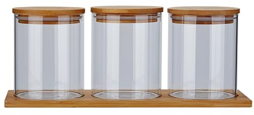 SANQIAHOME Recipientes de vidrio para café y azúcar con estante, 3 organizadores de estación de almacenamiento de granos de café de 27 onzas, sello hermético, tarro de almacenamiento de alimentos para