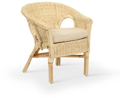 Desser Indoor Kids Wicker Loom Chair in Natural with Cloud Cushion – Fully Assembled Rattan Hand Crafted Cane – Children's Chair for Bathroom, Bedroom, Garden – H54 x W44 x D47cm, Floor to Seat 37cm