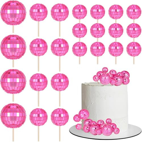 24 PCS Pink Disco Ball Cake Decoration,Disco Ball Cake Toppers 70s Retro Cake Decorations With Stick Shiny Disco Theme Party Supplies Pretty Pink Disco Cake Decoration Balls Disco Cake Topper