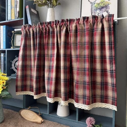 Yaland Karomuste Scheibengardine mit Spitzenbordüre Design Landhausstil Küchengardine mit Stangendurchzug Kleinfenster 1 Stück Rot HxB 80x65cm
