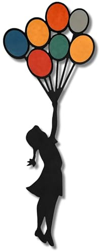 ebenkunst Mädchen mit Ballons Wanddeko – Wandbild mit Farbakzenten aus MDF | Schwarz durchgefärbtes MDF, bunte Ballons, ca. 28 x 74 cm, Mädchenmotiv, Made in Germany