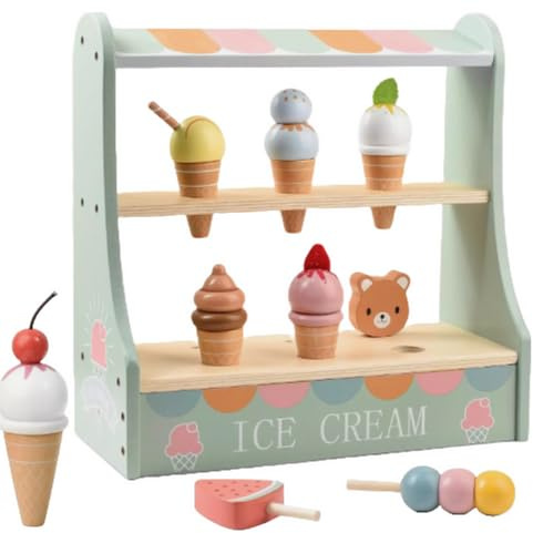 Wooden Ice Cream Shop Playset for Kids – Montessori-Inspired Pretend Dessert Stand with Cones, Scoops & Accessories – Premium Wooden Toy for Toddler Learning & Imaginative Play