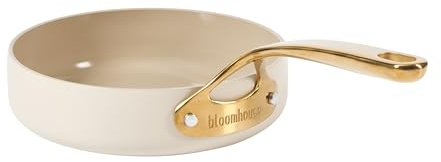 bloomhouse 8 Inch Heavy Duty Aluminum Premium PFA Free Ceramic Nonstick Saute/Deep Frying Pan Skillet - Almond Cream w/Gold Handle