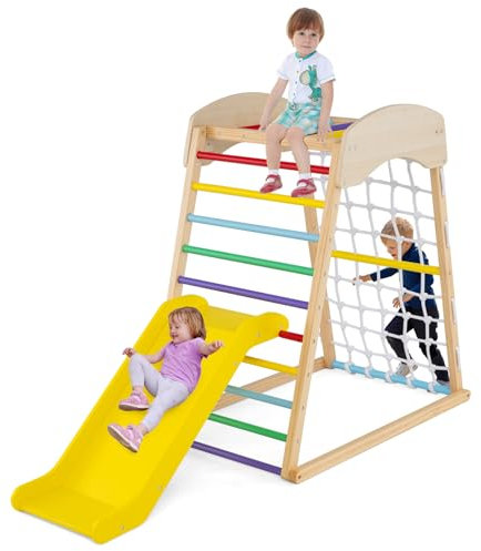 GOPLUS 4 en 1 Triángulo de Escalada Montessori, Triángulo de Escalada con Tobogán y Red de Escalada Montesorri Playground, Capacidad de Carga 50KG para Niños de 1 año+ (Multicolor)
