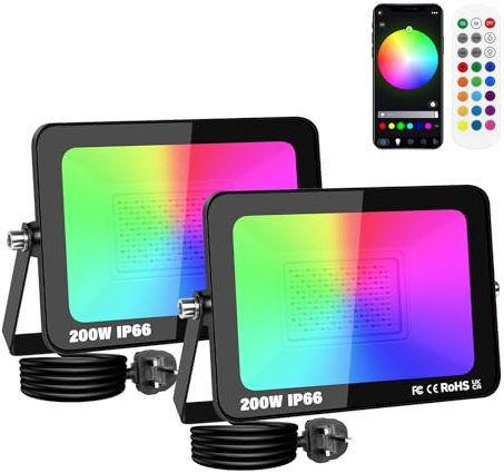 SKYWORLD 2 x 200W Foco LED RGB Exterior, Proyector LED Multicolor Impermeable, Control de APP, Luz de Inundación RGB Foco de Colores Smart LED Floodlights para Jardín Parque Hotel Terraza
