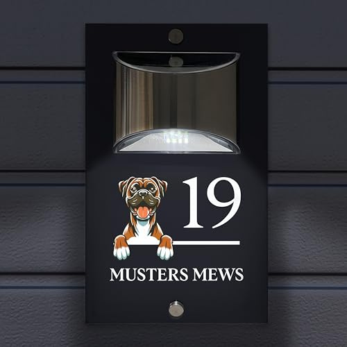 Custom Signs Solar Illuminated Modern Anthracite Grey House Number Sign 24cm x 14.5cm Boxer Dog Design