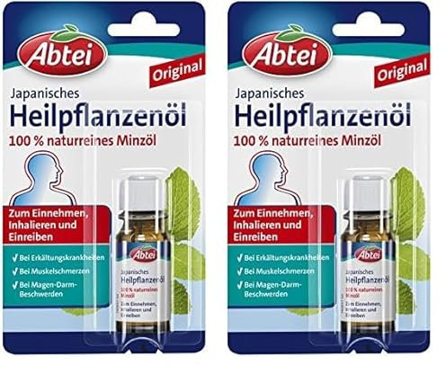 Abtei Japanisches Heilpflanzenöl - 100% naturreines Minzöl zum Einnehmen, Inhalieren und Einreiben - bei Erkältung, Magen-Darm-Beschwerden und Muskelschmerzen - 1 x 10ml (Packung mit 2)