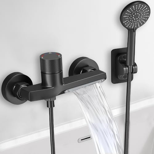 Rubinetto per vasca da bagno a cascata nera con doccetta a mano, miscelatore vasca da bagno con doccia 5 funzioni, tubo in acciaio inox da 1,5 m, rubinetto da parete per vascas da bagno