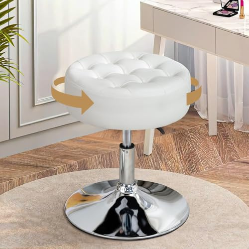 Ckaff Tabouret de Coiffeuse, Tabouret de Maquillage, Tabouret Pivotant Réglable en Hauteur, Tabouret de Bar Rond Rembourré en Similicuir pour Chambre à Coucher Salon Salle à Manger, Blanc