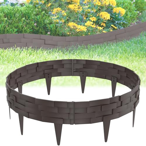 FIVMEN Rasenkante Kunststoff 5 m Steinimitatziegel Beeteinfassung Beetumrandung mit 10 cm Stifte Steinziegel Textur Imitiert beetbegrenzung Mähkante Palisade für Garten, Braun