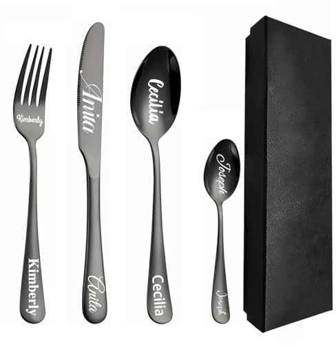 Kundenspezifisches graviertes Besteck-Set, 1 Set von 4 Stück, personalisiertes Besteck für Erwachsene, Gabel, Messer, Löffel und Teelöffel graviertes Edelstahl-Besteck-Set (Schwarz)