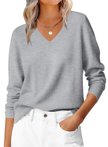 ANRABESS Womens Long Sleeve V Neck Sweaters 2025 Fall Casual Classic Soft Loose Fit Basic Pullover Jumper Top Light Grey Medium