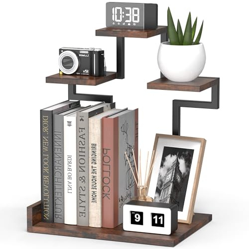 Schreibtisch Regal Organizer, 4 Ebenen kleiner Schreibtisch Organizer, Holz Schreibtisch Regal mit Metallrahmen, Bücherregal für Büro, Küche, Bücher, Pflanzen, Spielzeug, rustikal braun schwarz