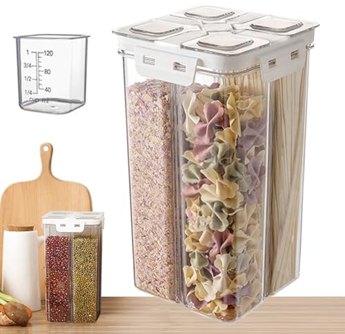 Cereal Dispenser - 4-Section Dry Food Storage, Breakfast Grain Organizer Bucket, Multi-Purpose Transparent Container, Convenient Dispensing System, Kitchen Pantry Accessory for Oats, Granola, Rice