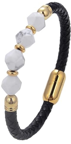 HUIANGLIYG Geflochtenes Lederarmband Für Damen Und Herren, Geometrisches Lederarmband Mit Natursteinperlen, Magnetverschluss, Vintage-Schmuck, Handgefertigt