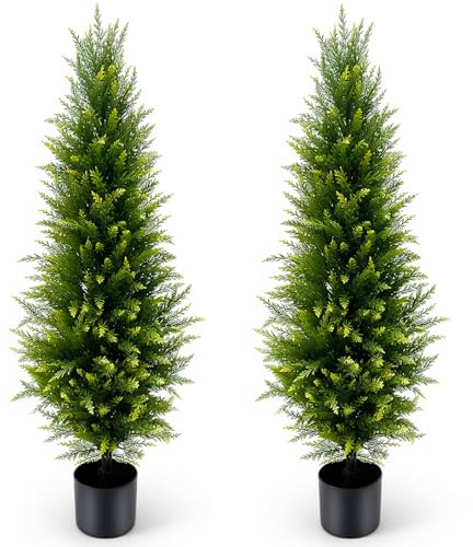 24-inch Artificial Spiral Cedar Trees Outdoor, 2 Pack UV Resistant Artificial Topiary Trees Potted, Realistic Fake Cypress Evergreen Plant for Patio Porch Garden