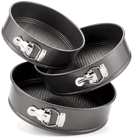 GEEZY Set of 3 Non-Stick Springform Cake Tins - 8, 9 & 10 Inch Round Baking Trays with Perforated Loose Base - Dishwasher Safe Quick Release Cheesecake Moulds for Oven, Fridge, Freezer