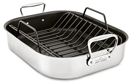 All-Clad Specialty Stainless Steel Large Roaster with Nonstick Rack 13x16 Inch Oven Broiler Safe 500F Roaster Pan, Pots and Pans, Cookware Silver