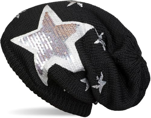 styleBREAKER warme Feinstrick Beanie Mütze mit All Over Vintage Stern Print, Pailletten Stern und sehr weichem Fleece Innenfutter 04024091, Farbe:Schwarz