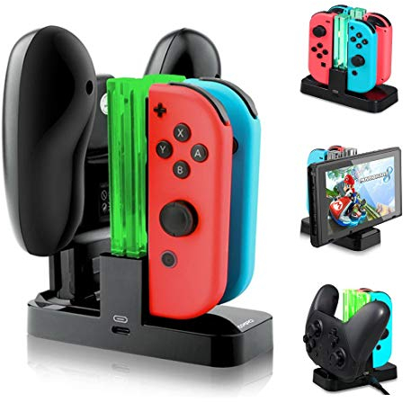 Opard Nintendo Switch Controller Ladestation mit 4 Slots für Joy-Con und 1 Typ-C USB Port für Switch Konsole/Pro Controller/Typ-C Geräte Ladestation mit LED-Anzeige