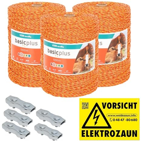 VOSS.farming 3000m Weidezaunlitze Weidezaun Elektrozaun Litze Weidezaunseil Kordel Zaun + Verbinder + Warnschild