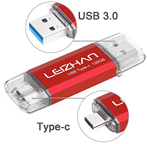 LEIZHAN Memoria USB Tipo C 128GB,Flash Drive USB 3.0 OTG para Samsung S9,Huawei,Portátil,Teléfono y Otras Dispositivos USB o Tipo C-Rojo