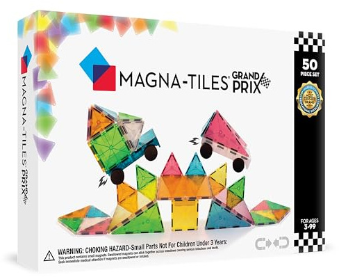 Magna-Tiles 50-teiliges Set Grand Prix mit unterschiedlichen, magnetischen 3D-Bausteinen in matten Farben und 2 Fahrgestellen, fördert spielerisches Lernen