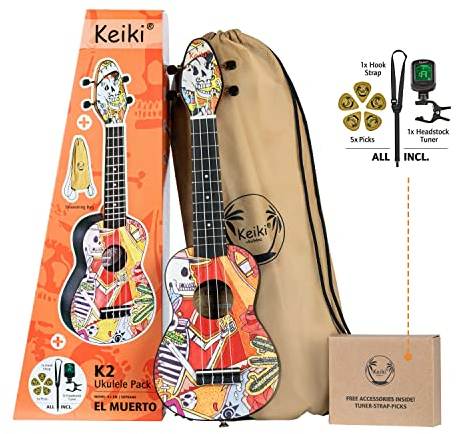 Ortega Guitars Sopran Ukulele Akustisch – Keiki K2 Series – Inklusive Zubehör – Agathis, ABS, El Muerto (K2-EM)
